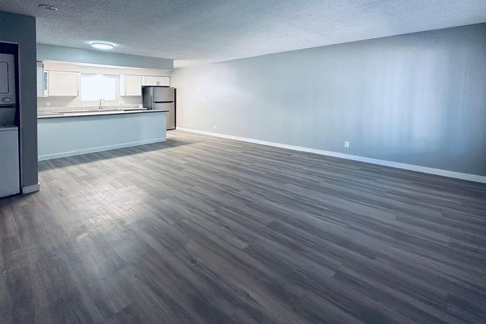 Spacious open-plan apartment with modern kitchen, sleek flooring, and abundant natural light.