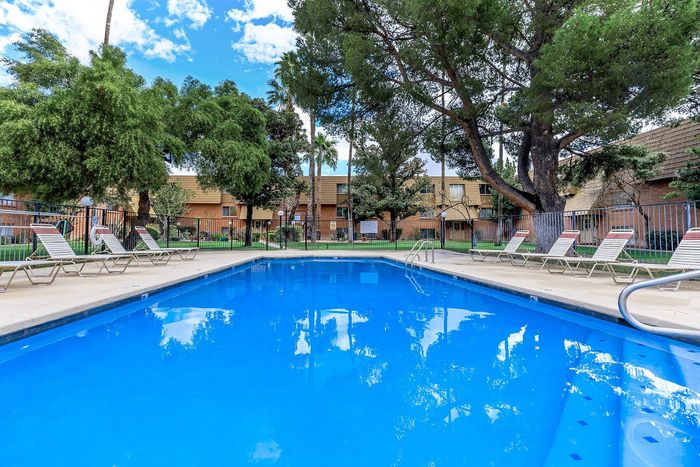 Inviting outdoor pool area surrounded by lush greenery and modern lounge chairs at a stylish apartment complex.