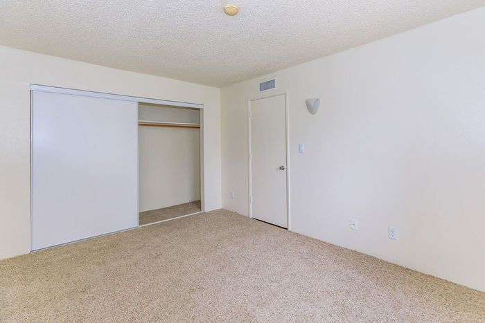 Bright and spacious bedroom with plush carpet and a roomy closet, perfect for comfortable living.
