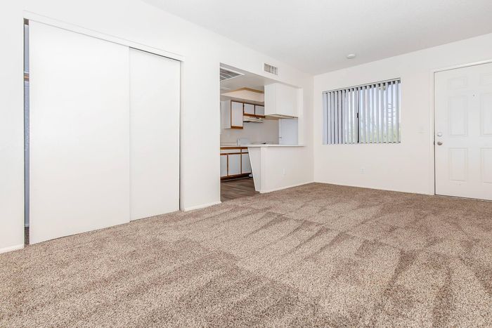 Bright and inviting apartment interior featuring plush carpeted floors, a modern open kitchen, and large window with blinds for natural light.