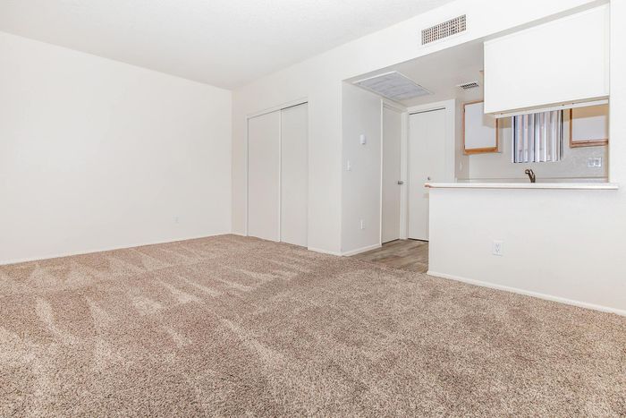 Charming apartment interior with cozy carpeted living area and modern kitchen nook, offering a perfect blend of comfort and style.