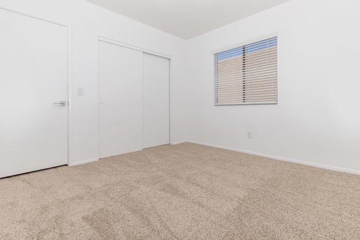 Bright and spacious bedroom with plush carpet, sleek white walls, and a large window offering natural light.