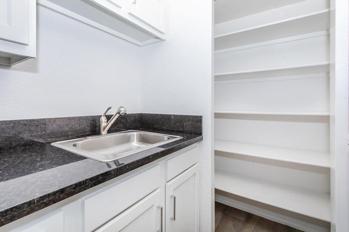 Modern kitchen corner featuring sleek black granite countertops, a stainless steel sink, and spacious white pantry shelves.