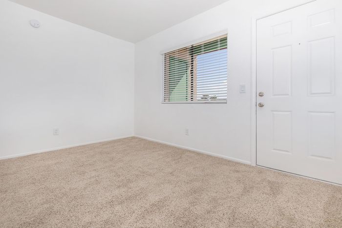 Inviting empty room with plush carpet, bright natural light from window blinds, and a modern white door, perfect for a personalized touch.