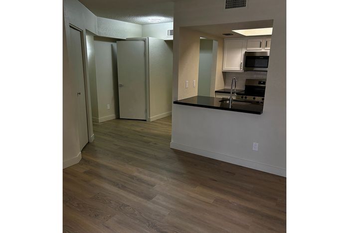 Contemporary apartment interior showcasing a sleek open kitchen with modern appliances next to a bright living area featuring elegant wood flooring.