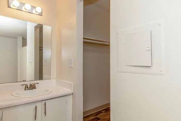 Chic bathroom vanity with a sleek sink, illuminated by elegant lighting, adjacent to a spacious walk-in closet.