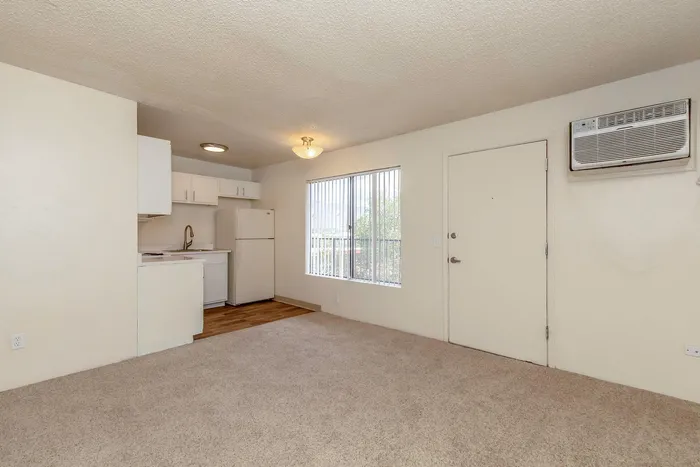 Bright and inviting apartment interior featuring an open living area with plush carpeting, a cozy kitchenette, and a large window allowing natural light to fill the space for a warm ambiance.
