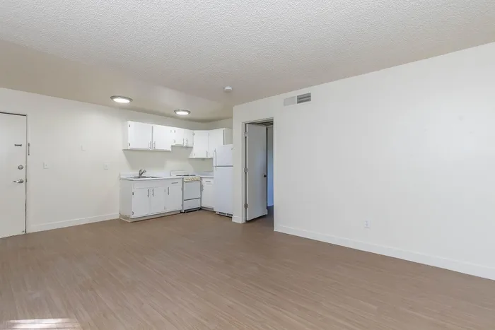 Inviting open-plan living space with a modern kitchen, featuring sleek white cabinets and bright recessed lighting on stylish flooring.