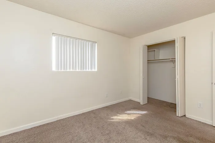 Bright and inviting bedroom with soft carpet flooring, large closet, and natural light streaming through a window with vertical blinds.