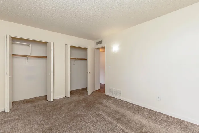 Bright and spacious bedroom with plush carpet, two open closets, and modern wall lighting.