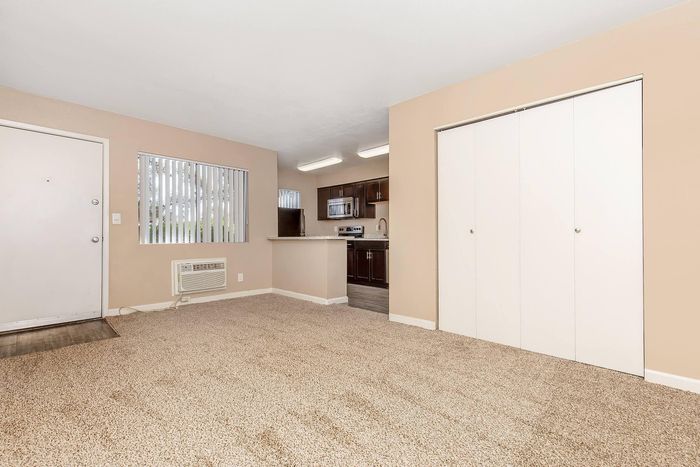 Bright living space with plush carpet, large window, and a cozy kitchen with modern cabinetry and stainless steel appliances.