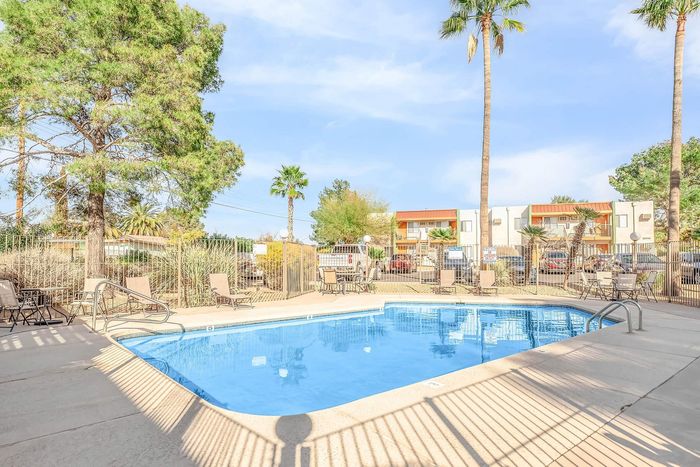 Inviting apartment community pool area with comfortable lounge chairs surrounded by lush greenery and palm trees, perfect for relaxation.