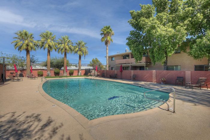 Inviting community pool area with palm trees, lounge chairs, and a serene atmosphere perfect for relaxation.