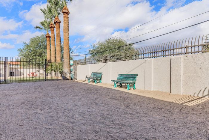 Inviting outdoor area featuring palm trees, seating benches, and a sunny, gated space perfect for relaxation.