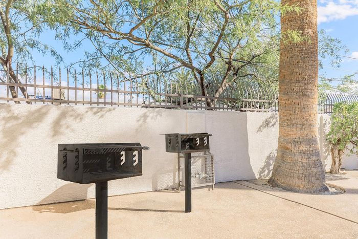 Inviting outdoor area with two modern barbecue grills under a vibrant blue sky, surrounded by lush greenery.