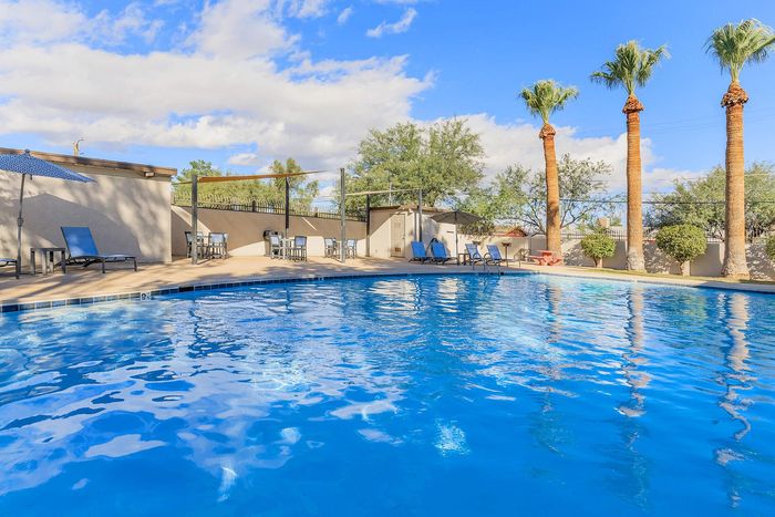 Inviting outdoor swimming pool area with palm trees, lounge chairs, and shaded seating, perfect for relaxation and leisure.