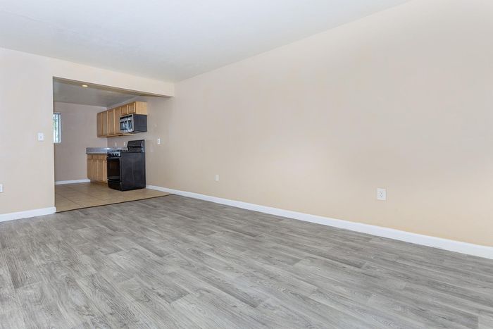 Spacious open-plan living room with modern wood flooring and a cozy kitchen area featuring sleek appliances.