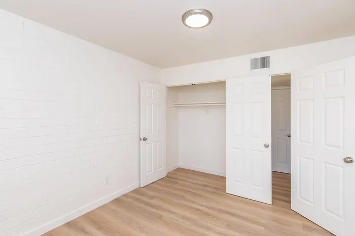 Bright and airy room featuring elegant wood flooring and spacious closets with sleek white doors.
