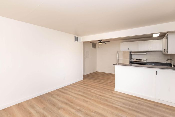Chic open-plan apartment interior showcasing modern kitchen with sleek white cabinetry, stainless steel appliances, and elegant wood flooring.