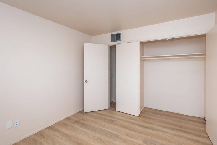 Modern empty room with elegant wood flooring, fresh white walls, and spacious closet space.