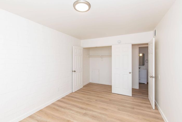 Bright and airy room with elegant wood flooring, featuring a spacious closet and an inviting open door to a chic bathroom.