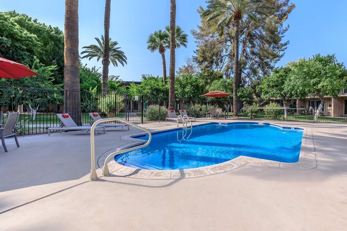 Luxurious apartment oasis with a sparkling outdoor pool, surrounded by lush greenery and tall palm trees for a tropical escape.
