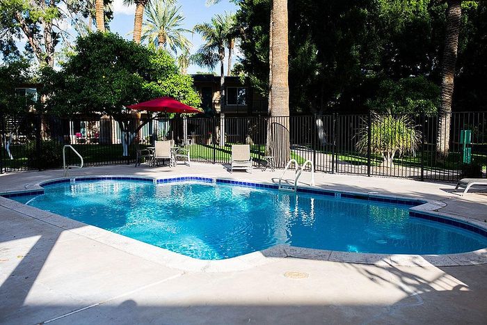 Inviting outdoor pool area surrounded by lush greenery and palm trees, featuring comfortable lounge chairs and a vibrant red umbrella.