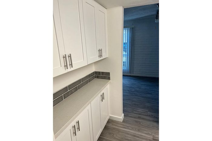 Modern apartment hallway featuring sleek white cabinets, elegant gray backsplash, and stylish wood flooring leading to a spacious living area.