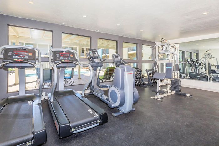 Modern fitness center with state-of-the-art exercise equipment, featuring treadmills, elliptical, and weight machines, offering a perfect view of the pool area through large windows.