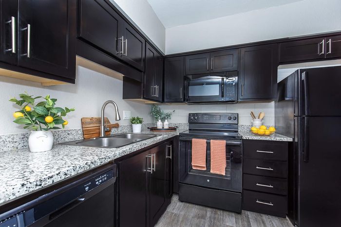 Contemporary kitchen with sleek dark wood cabinets, granite countertops, and modern appliances.