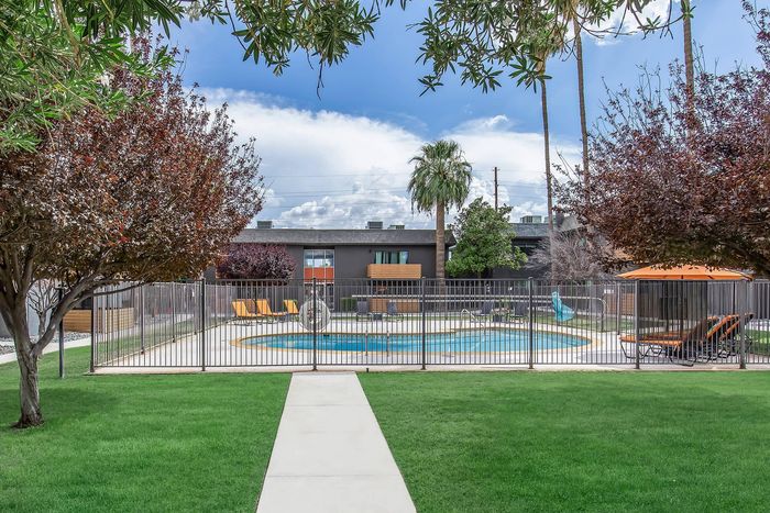 Vibrant apartment community with a sparkling swimming pool, surrounded by lush trees and inviting lounge chairs.