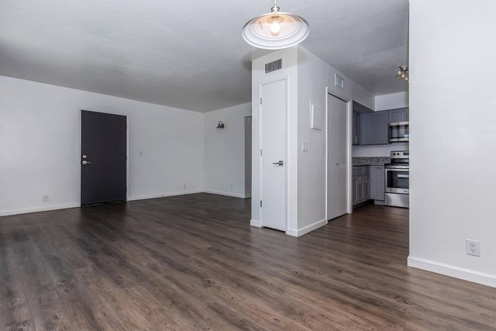 Modern open-floor apartment featuring sleek hardwood flooring, a stylish kitchen with stainless steel appliances, and bright white walls for a spacious and inviting atmosphere.