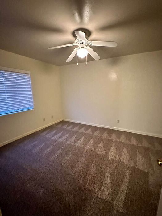 Inviting bedroom with plush carpet, ceiling fan, and ample natural light from the window.