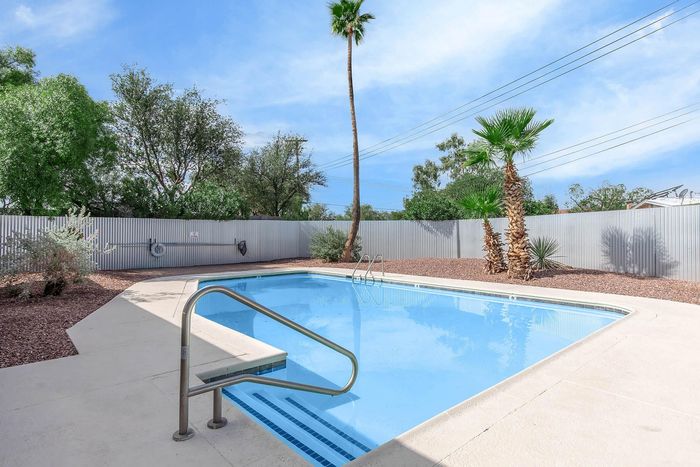 Inviting outdoor swimming pool surrounded by lush greenery and palm trees, perfect for relaxation and leisure.