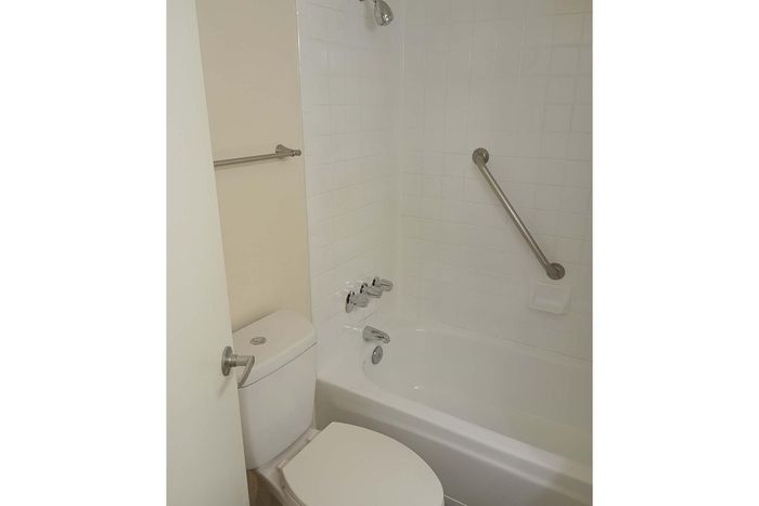 Elegant bathroom featuring a modern bathtub with sleek fittings and accessible handrails.