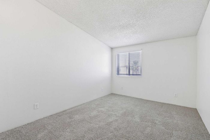 Bright and airy bedroom with plush carpeting, a large window with blinds, and crisp white walls.