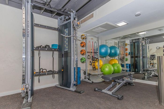 Modern apartment gym with state-of-the-art exercise equipment, vibrant fitness balls, and versatile workout accessories for an invigorating fitness experience.
