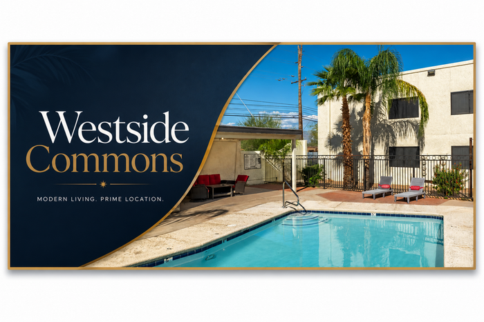 Inviting outdoor pool area at Westside Commons, surrounded by palm trees and modern amenities, perfect for relaxation and enjoyment.