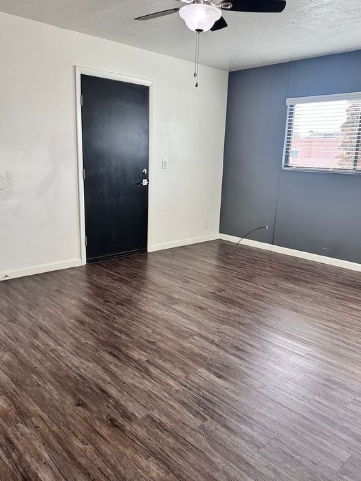 Bright and modern room featuring elegant wood flooring, a sleek black door, and a ceiling fan for optimal comfort.
