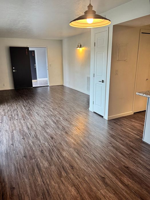 Inviting open-concept living area with elegant wood flooring and ambient lighting, ideal for modern living.