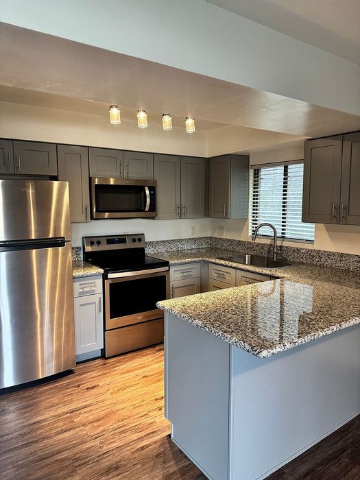 Modern kitchen with sleek stainless steel appliances, granite countertops, and stylish grey cabinets offering a bright and welcoming space.