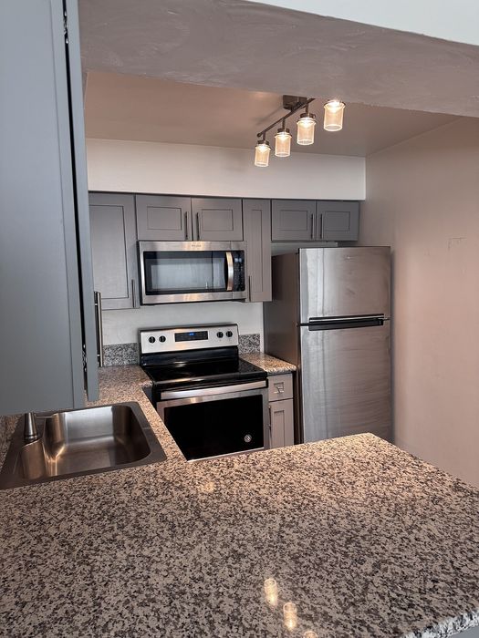Modern kitchen with sleek stainless steel appliances, elegant granite countertops, and under-cabinet lighting.