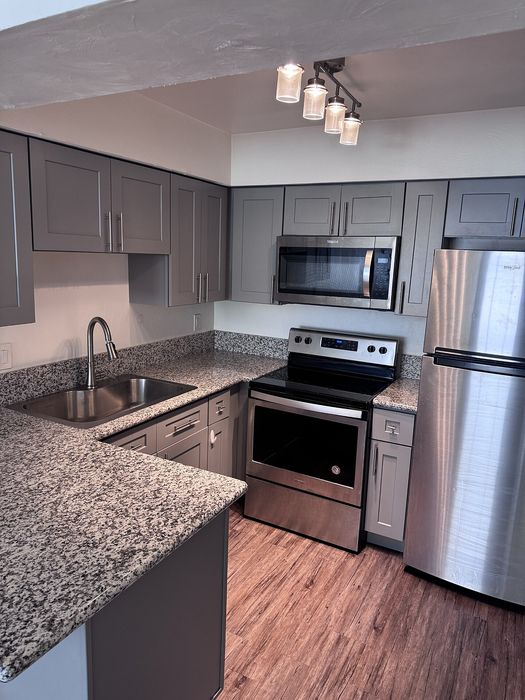 Modern kitchen with sleek stainless steel appliances, elegant granite countertops, and stylish gray cabinetry.