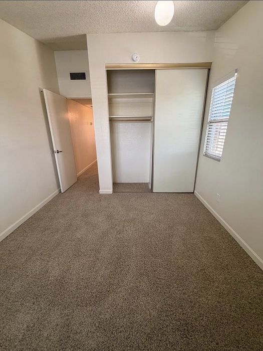Bright and inviting bedroom with plush carpet, spacious closet, and ample natural light from a charming window.