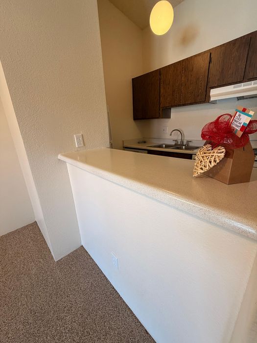 Cozy kitchen space with elegant dark wood cabinets and a welcoming breakfast bar, perfect for modern living.