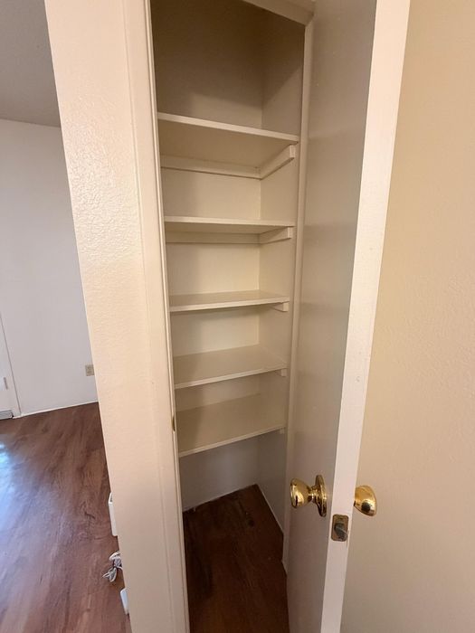 Spacious and bright closet with built-in shelves, perfect for organized storage.