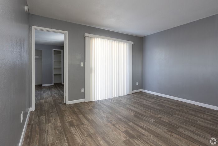 Bright room with elegant wood flooring, neutral gray walls, and a large sliding door leading to a spacious closet.