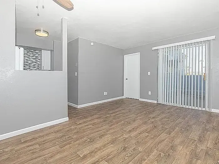 Bright room with elegant wood flooring, neutral gray walls, and a large sliding door leading to a spacious closet.