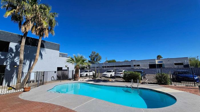 Inviting outdoor pool area with tropical palm trees and modern building backdrop under clear blue skies.