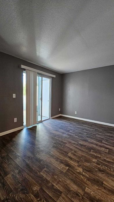 Bright open living space with elegant dark wood flooring, modern gray walls, and a sliding glass door leading to a balcony.